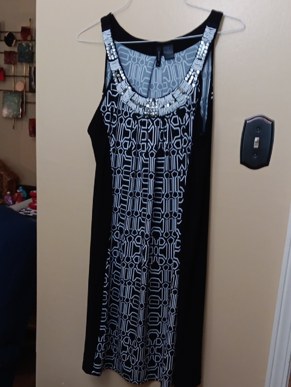 Black & White Geometric Beaded Neckline Sleeveless Dress